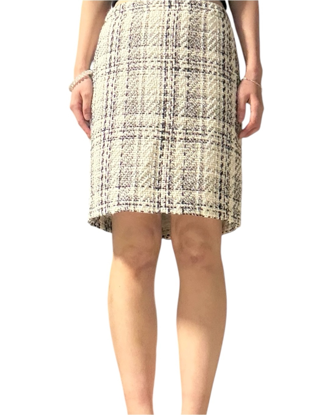 Classic Cream Plaid Tweed Pencil Skirt